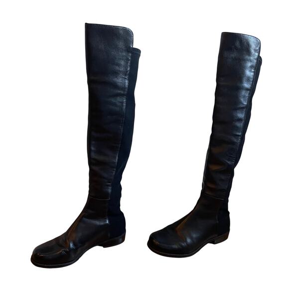 Stuart Weitzman 5050 Black Leather Elastic Back Round Toe Tall Boots EU35.5 US5 - Picture 2 of 14